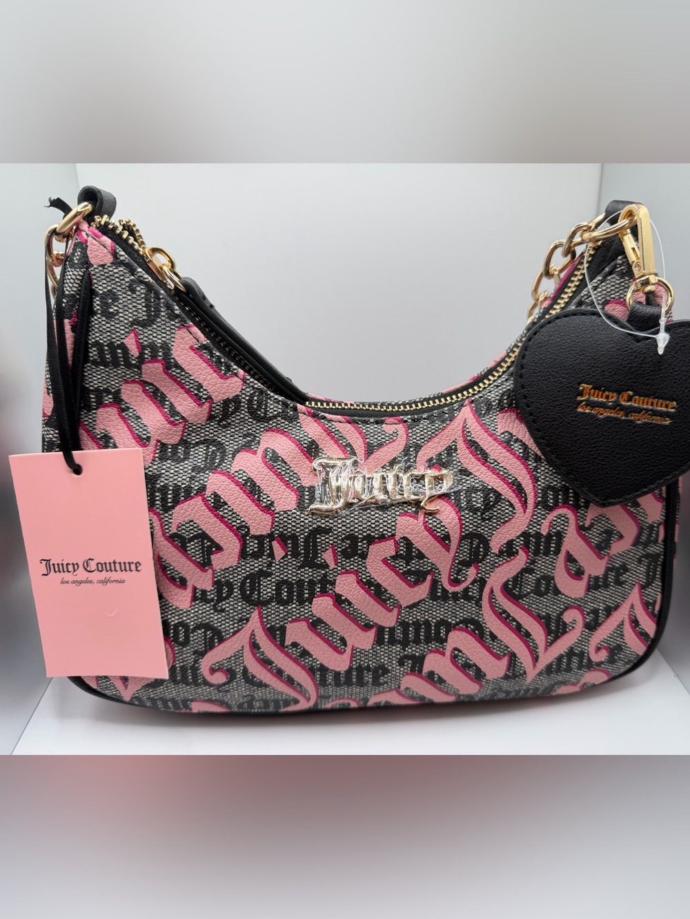Juicy Couture Black and Pink Script Shoulder Bag